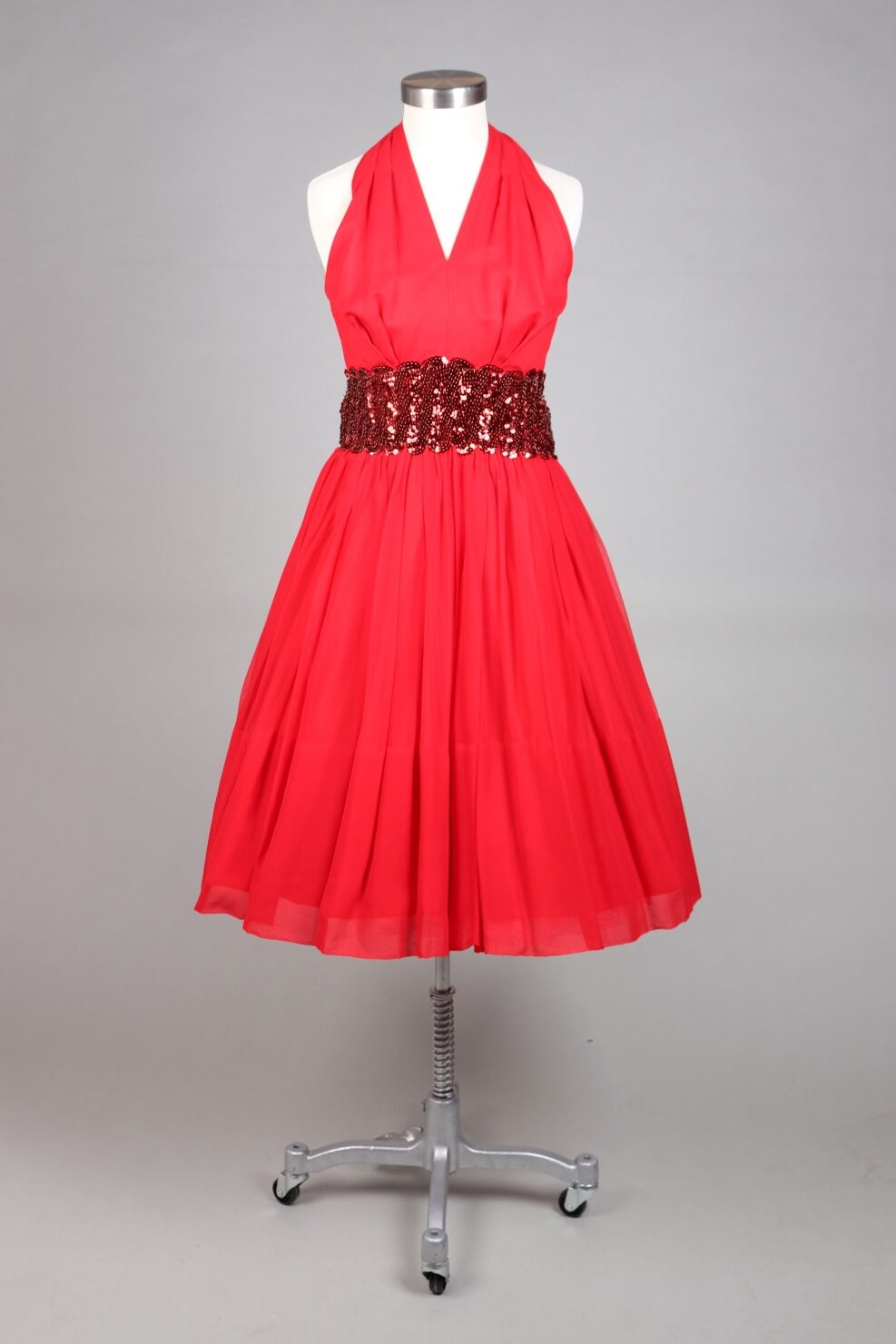 Late 1950s Red Sequin Chiffon Halter Dress | XXS - Bobby Pin Boutique Late 1950s Red Sequin Chiffon Halter Dress | XXS - Bobby Pin Boutique