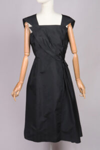 1950s Black Silk Pleated Bow Dress | L - Afbeelding 3