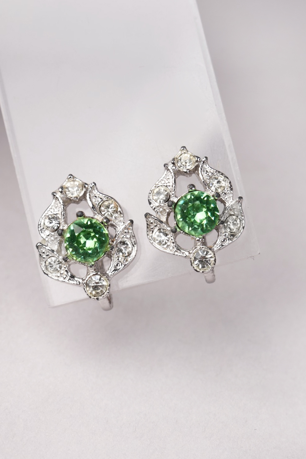 1950s Signed Bogoff Green Rhinestone Screw Back Earrings Bobby