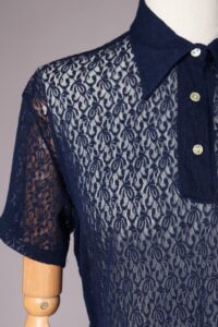 Navy Blue Floral Lace Polo Top | L - Image 2
